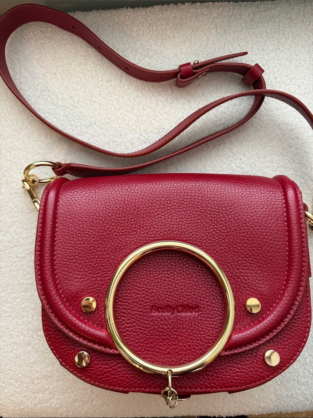 See By Chloe Red Leather Crossbody with Gold Ring Accent